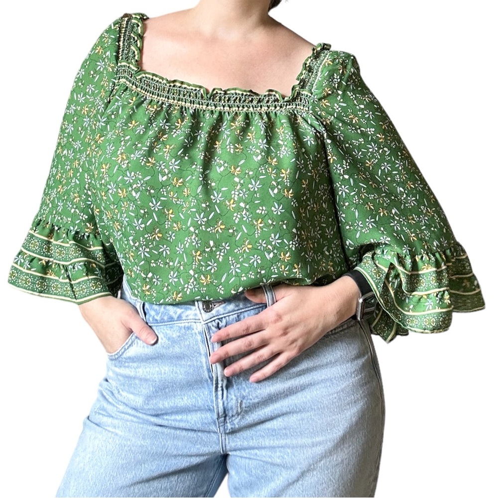 Max Studio Green Yellow Blue Floral On/Off-Shoulder Blouse — L